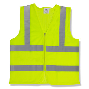 CLASS 2, LIME MESH VEST, ZIPPER CLOSURE, INSIDE POCKET, TWO HORIZONTAL 2-INCH SILVER REFLECTIVE STRIPES