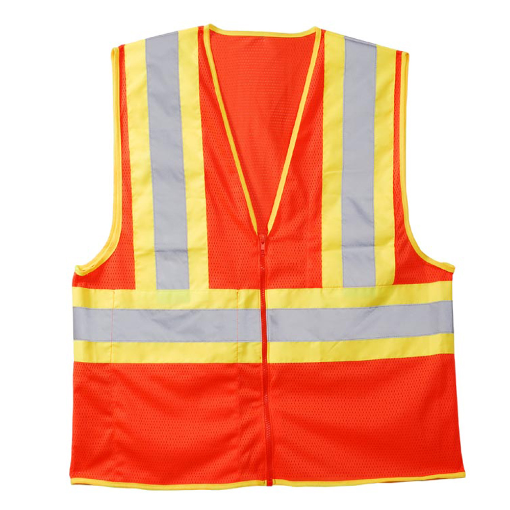 CLASS 2, ORANGE MESH VEST, ZIPPER CLOSURE, TWO-TONE CONTRASTING TRIM/REFLECTIVE TAPE, INSIDE LOWER POCKET