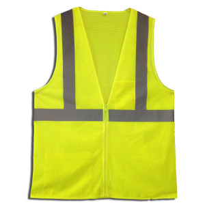 CLASS 2, LIME MESH VEST, ZIPPER CLOSURE, 2-INCH SILVER REFLECTIVE TAPE, CHEST POCKET, LOWER INSIDE POCKET